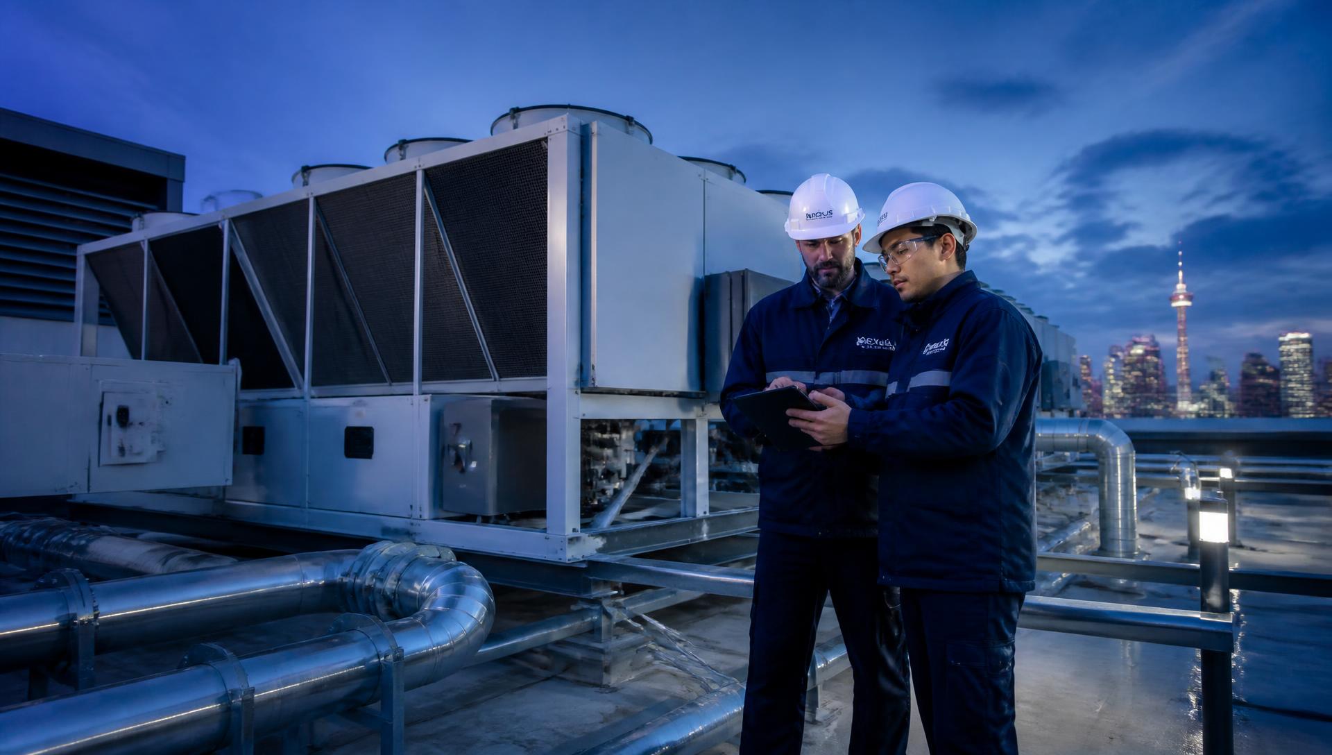 Facilities engineers reviewing HVAC unit on rooftop